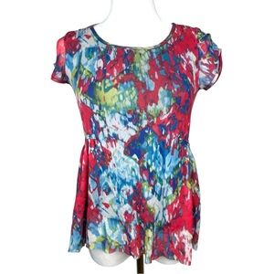 Weston Wear Anthropologie Blouse Abstract Floral Stretchy XS Bohemian Colorful